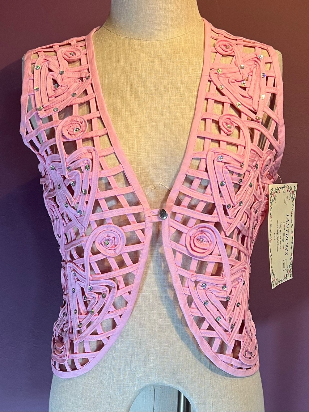 💖Pink Hearts Cotton Vest w Rhinestones by Tantrums • Festival • Vintage